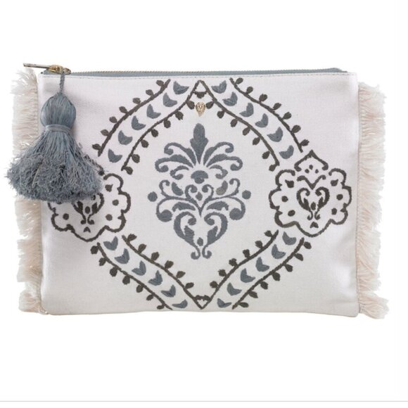 NWT Helen Kaminski Australian Embroidered Nomada Clutch in Icy Mint Tassel Boho - Picture 1 of 14